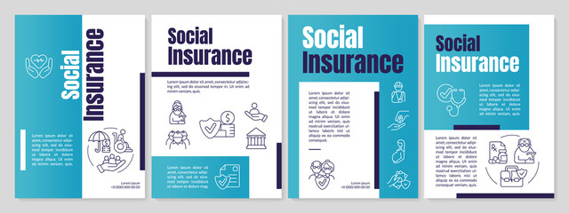 Social insurance program blue brochure template. Financial coverage. Leaflet design with linear icons. 4 vector layouts for presentation, annual reports. Anton, Lato-Regular fonts used