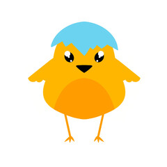 Cute yellow cartoon chick with egg shell on head. Chicken isolated on white background. Vector illustration. Easter design element for thematic menu childrens products printing on fabric and