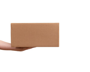 Delivery cardboard boxes in woman hand isolated