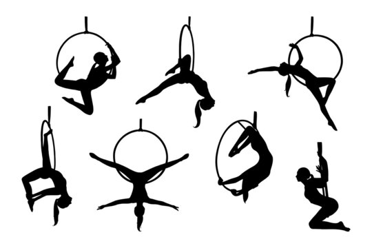 Aerial female gymnast silhouette in hoop. Aerial gymnastics stunt. Vector illustration isolated on white background