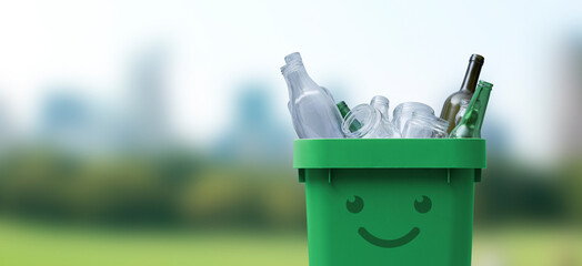 Smiling garbage can full of glass waste