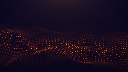 Futuristic wave. The concept of big data. Network connection. Cybernetics. Abstract dark background of golden lines with dots. 3d rendering.