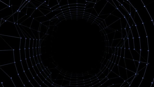 Tunnel with vibrating grid. Design. Virtual tunnel with pulsating mesh walls. Grid with dots vibrates on walls of black tunnel