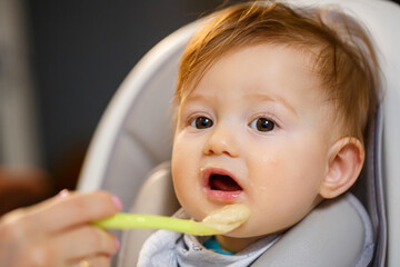 A small child of 6-7 months is sitting in a high chair and his face is stained with porridge. Baby's first food