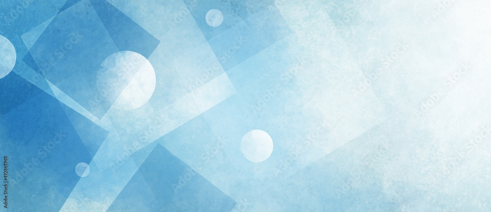 Wall mural white and blue abstract background, geometric design of circle and square shapes layered in random p