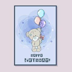 Happy birthday greeting card with teddy bear. Funny childish greeting card.