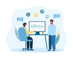 Business investment concept. Men analyze graphs and charts, financial literacy and asset valuation. Passive income. Accountants and financial department of company. Cartoon flat vector illustration
