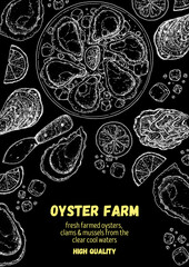 Fototapeta na wymiar Oysters and oysters dish with lemon and ice sketch. Hand drawn vector illustration. Top view. Design template. Food menu.