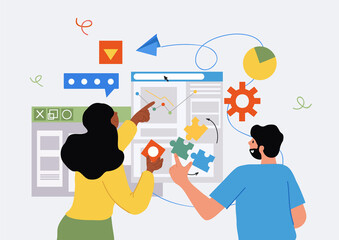 Man and girl analyze graphs. Marketing research, investors assess business, employees looking for ways to develop company. Work with information and statistics. Cartoon flat vector illustration