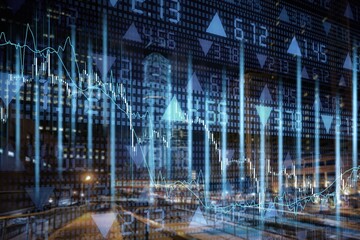Abstract glowing big data forex candlestick chart on city backdrop. Trade, technology, investment and analysis concept.