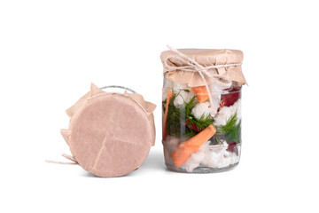 Cauliflower pickle with beetroot, marinated cauliflower pickles in jars on white  isolated background.