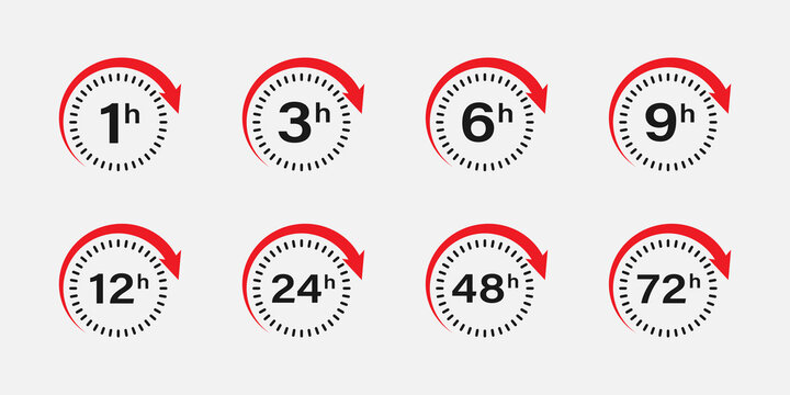 Countdown 1, 3, 6, 9, 12, 24, 48, 72 hours left label or emblem set. Hours left counter icon with clocks. Vector EPS 10