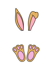 Ears and feet of an Easter Bunny. Monogram design. Cute hand drawn vector illustration. Isolated white background. For Easter decor, cutouts, invitations and postcards