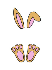 Fototapeta premium Ears and feet of an Easter Bunny. Monogram design. Cute hand drawn vector illustration. Isolated white background. For Easter decor, cutouts, invitations and postcards