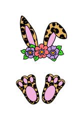 Easter bunny face with flowers. Leopard print. Name frame monogram design. Cute hand drawn vector illustration. Isolated white background. For Easter decor, scrapbooks, invitations and cards