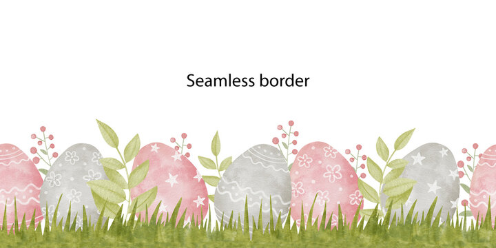 Watercolor Easter spring holiday seamless border. Vintage pattern with eggs and greenery. Catholic decor background.