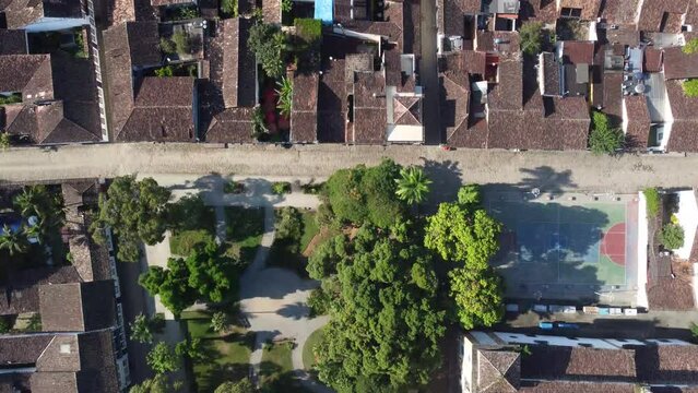 Amazing aerial view of historic colonial city - Paraty, Rio de Janeiro, Brazil. Drone view, Historic Center.