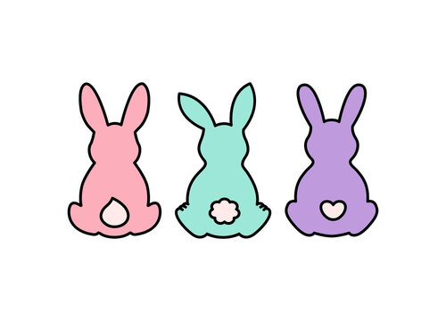 A set of silhouettes of Easter bunnies sitting with their backs. Cute hand-drawn vector illustration. Isolated white background. For Easter decor, cutouts, invitations and postcards