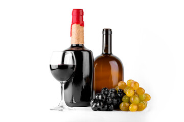 Fototapeta premium Red and white wine bottle with wine glasses and grapes on white background.