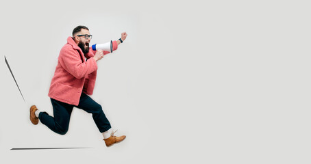 Funny portrait of an emotional running guy with a megaphone. Collage in magazine style. Flyer with trendy colors, advertising copy space. Discount, sale season. Information concept. Attention news!