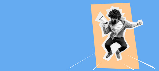 Funny portrait of an emotional jumping guy with a megaphone. Collage in magazine style. Flyer with...