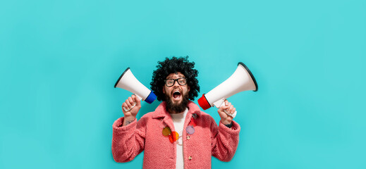 Funny portrait of an emotional guy with a megaphone. Collage in magazine style. Flyer with trendy...