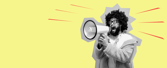 Funny portrait of an emotional guy with a megaphone. Collage in magazine style. Flyer with trendy colors, advertising copy space. Discount, sale season. Information concept. Attention news!