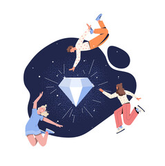 Staff around diamond. Men and girls in sky and clouds. Dreams and fantasies, company development and teamwork, talented colleagues and creative personalities. Cartoon flat vector illustration