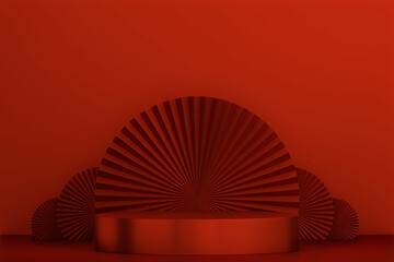 Red Podium for product display minimal geometric design.3D rendering