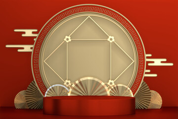Red Podium for product display minimal geometric design.3D rendering