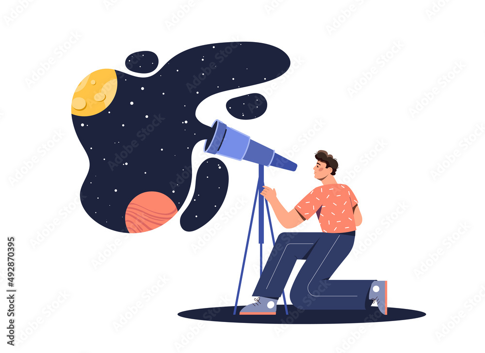 Wall mural sky through telescope. scientific research, character loves astronomy. young guy learning sky, love 