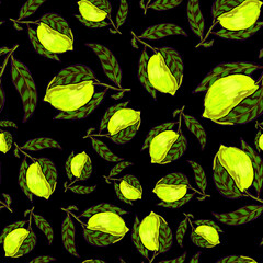 Creative seamless pattern with lemons. Oil paint effect. Bright summer print. Great design for any purposes	