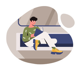 Reading book concept. Self development and distance learning. Useful hobby, rest during travel or trip. Student uses time correctly. Fiction, stories and poems. Cartoon flat vector illustration