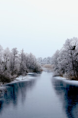 Ice river in winter forest