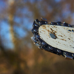 Detail of dirty used chainsaw chain for cutting wood. Selective focus to chain. Blurred natural background
