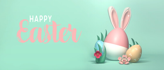 Happy Easter message with colorful Easter eggs and rabbit ears