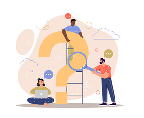 Question mark concept. Men and girls studying problem, storming and searching for best solution. Meeting, analytical department. Characters looking at problem. Cartoon flat vector illustration