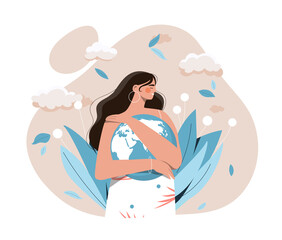 Mother earth concept. Girl hugs planet, caring for nature and environment. Responsible society, volunteer. Holiday greeting cards, poster or banner for website. Cartoon flat vector illustration