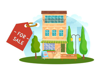 The concept of a house for sale. Sale or rental of real estate. House on a plot of land with surroundings and trees in a cartoon style. Vector illustration isolated on white background.