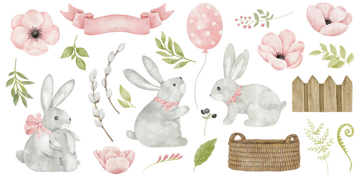 Watercolor set of bunnies, anemone flowers, greenery, basket. Design elements. Spring holiday decor. Cute rabbit mom and baby. Happy animal family.