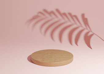 Pastel, light red, salmon pink simple 3D render minimal natural product display composition with one wood podium or stand with palm leaf shadow in the background