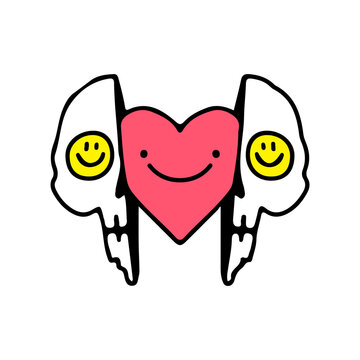 Trendy Two half of skeleton head with heart inside. Illustration for street wear, t shirt, poster, logo, sticker, or apparel merchandise. Retro and pop art style.