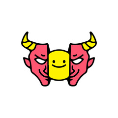 Two half of red devil face with smile face inside. Illustration for street wear, t shirt, poster, logo, sticker, or apparel merchandise. Retro and pop art style.
