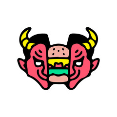 Two half of red devil head with cheeseburger inside. Illustration for street wear, t shirt, poster, logo, sticker, or apparel merchandise. Retro and pop art style.