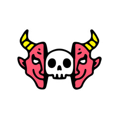 Two half of red devil head with skull inside. Illustration for street wear, t shirt, poster, logo, sticker, or apparel merchandise. Retro and pop art style.