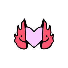 Two half of fire with heart inside. Illustration for street wear, t shirt, poster, logo, sticker, or apparel merchandise. Retro and pop art style.