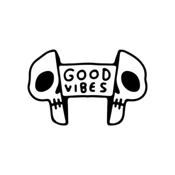 Cool Two half of skull head with good vibes typography inside. Illustration for street wear, t shirt, poster, logo, sticker, or apparel merchandise. Retro and pop art style.