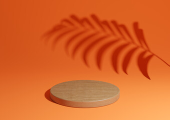 Neon orange, bright red simple 3D render minimal natural product display composition with one wood podium or stand with palm leaf shadow in the background