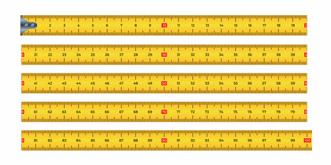 Vector illustration yellow and black measure tape ruler 100 cm isolated on white background. Realistic tape for tool roulette in flat style. Metric measurement.