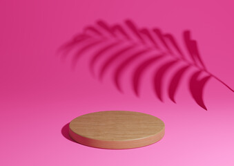 Bright magenta, neon pink simple 3D render minimal natural product display composition with one wood podium or stand with palm leaf shadow in the background